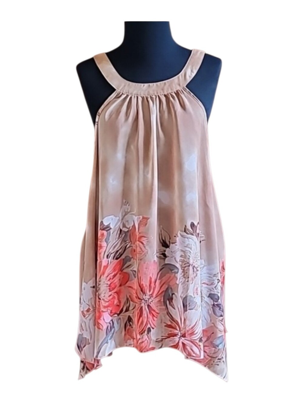 Floral Halter Blouse Sleeveless High‑Low Beige Coral 2X flouncy sheer feminine